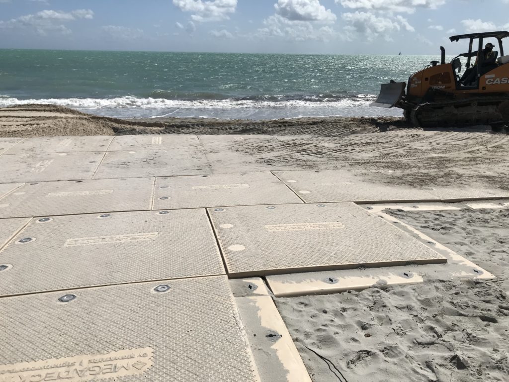 Ultra-durable MegaDeck HD access mats offered ground protection as construction crews trucked 31,000 cu yds. of sand across the Key Biscayne shoreline.